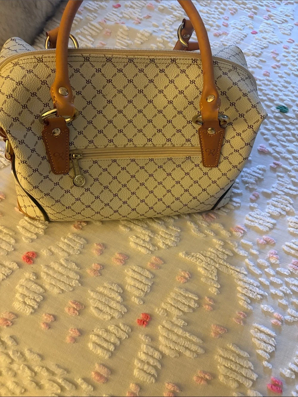Rioni Beige Canvas Satchel with Tan Leather Trim